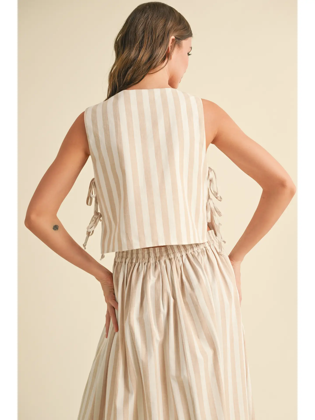 Stripe Pattern Tie On the Side Top - Beige