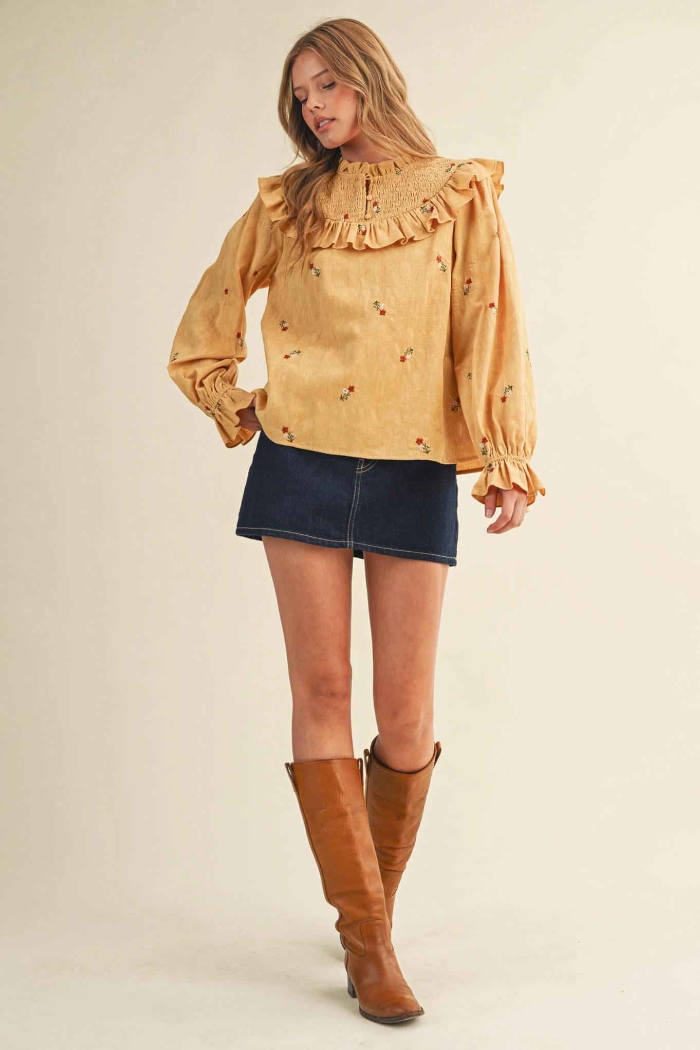 Ruffled Smocked Yoke Embroidered Blouse