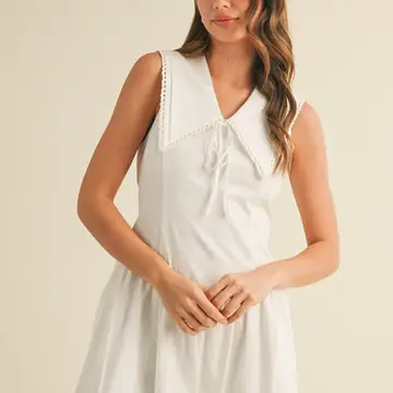 Doll Collar Lace Trim Midi Dress - OFF WHITE