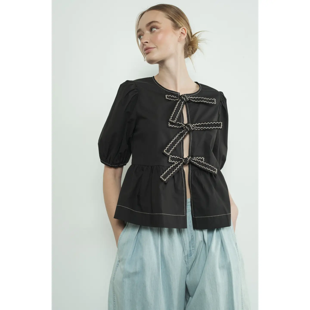 Embroidered Bow Tie Peplum Blouse - Black