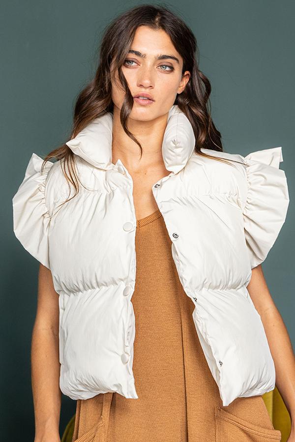 Ruffle Sleeve Crop Down Vest - Cream