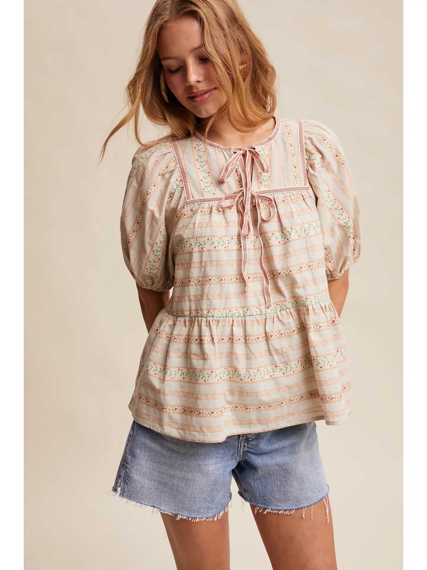 Striped Floral Lace Trim Peasant Blouse - TAUPE