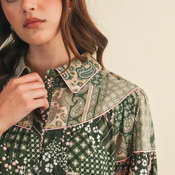 Mixed Patchwork Print Button Down Top - Green