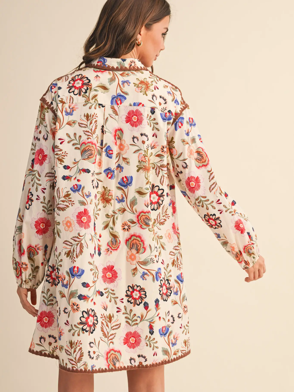 Exclusive Print Blanket Stitch Buttoned Mini Dress - CREAM MULTI