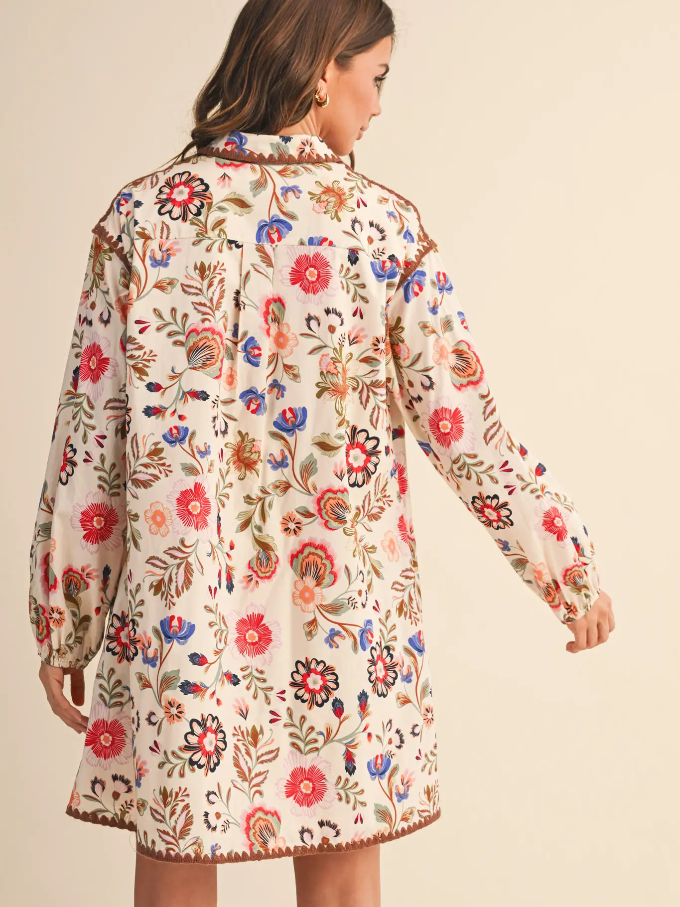 Exclusive Print Blanket Stitch Buttoned Mini Dress - CREAM MULTI