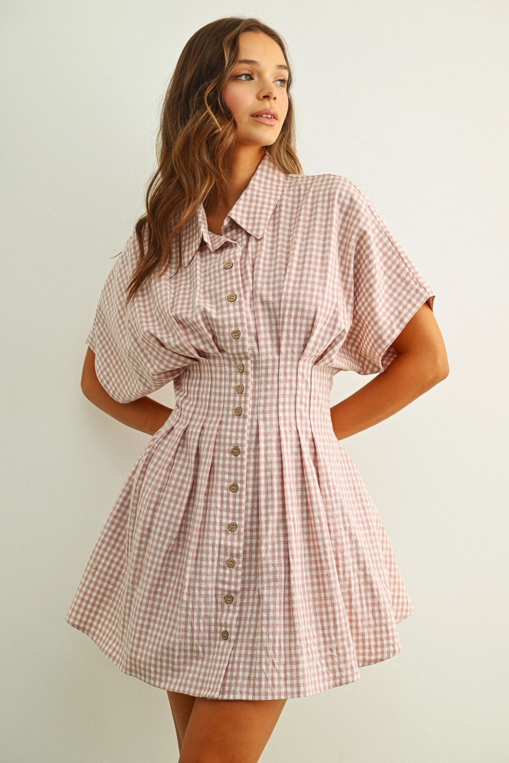 Gingham Patterned Shirt Dress - Strawberry Shake