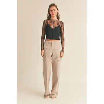 Long Sleeve Lace Fabric with Lining Insert Top - Black
