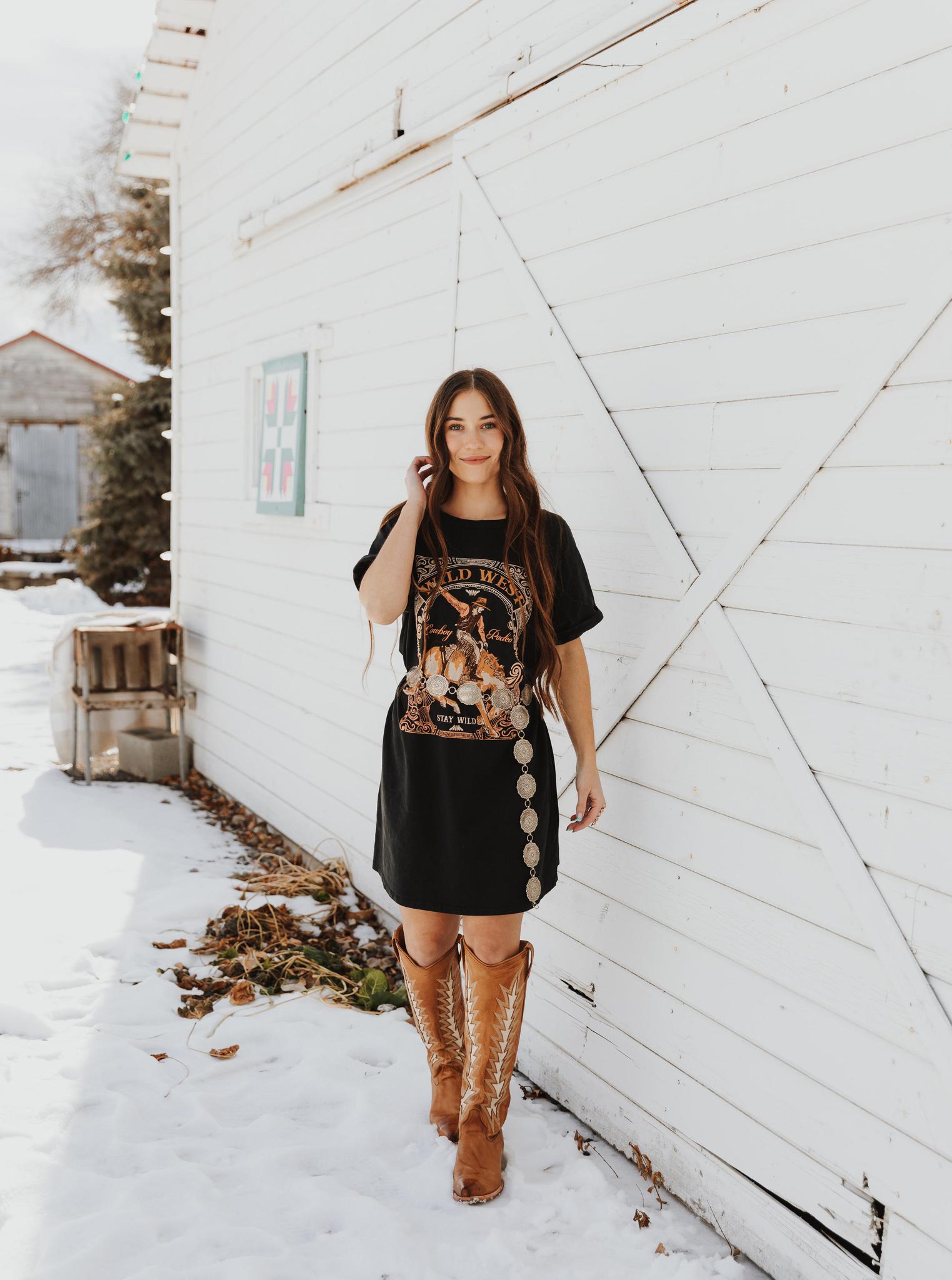 WILD WEST COWBOY RODRO GRAPHIC MINERAL WASHED DRESS - BLACK