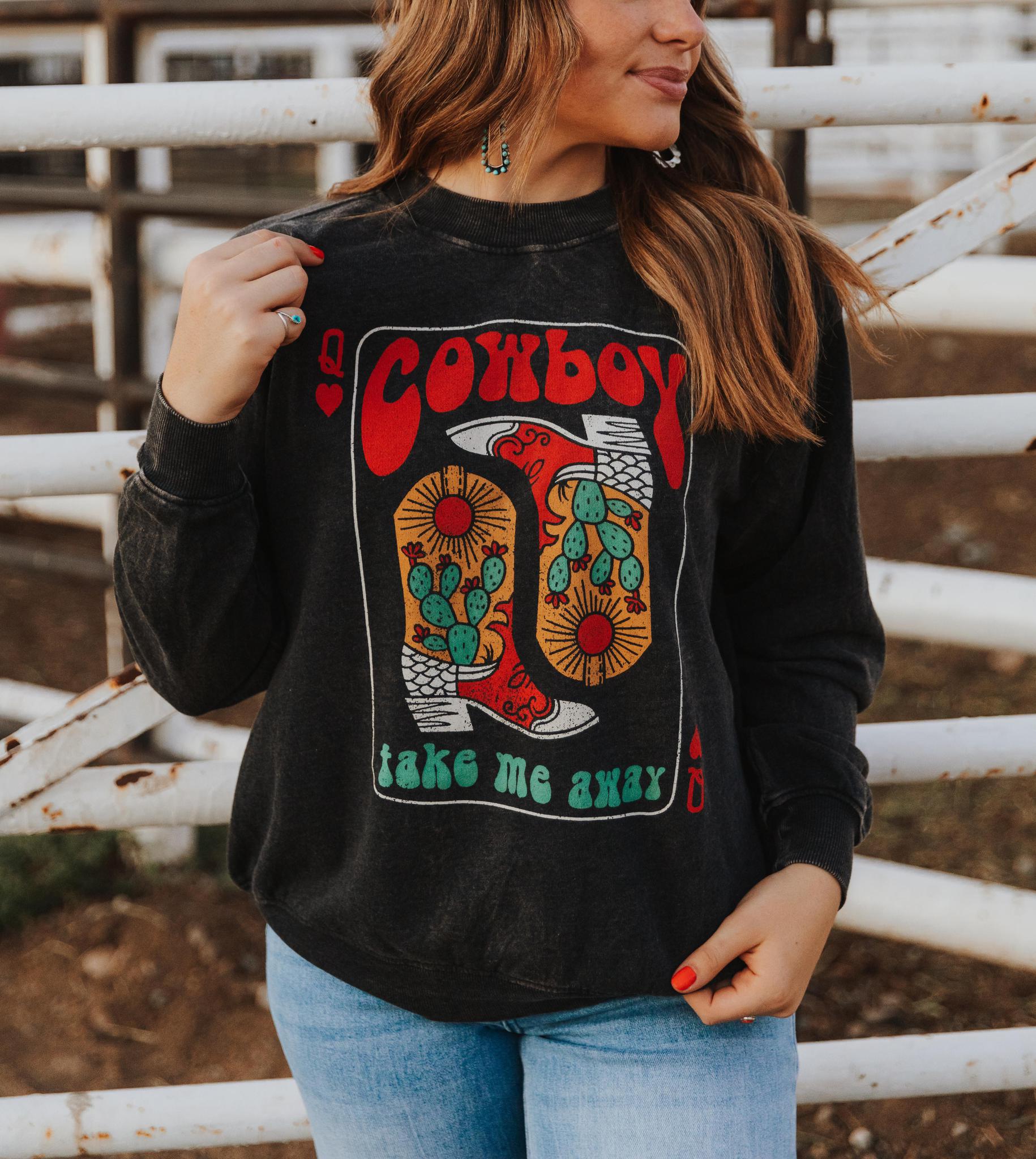 COWBOY TAKE ME AWAY BOOTS LONG SLEEVE SWEATSHIRT - MINERAL BLACK