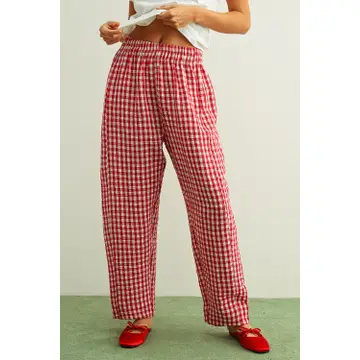 Gingham Pattern Elastic Band Waist Pants - RED/WHITE