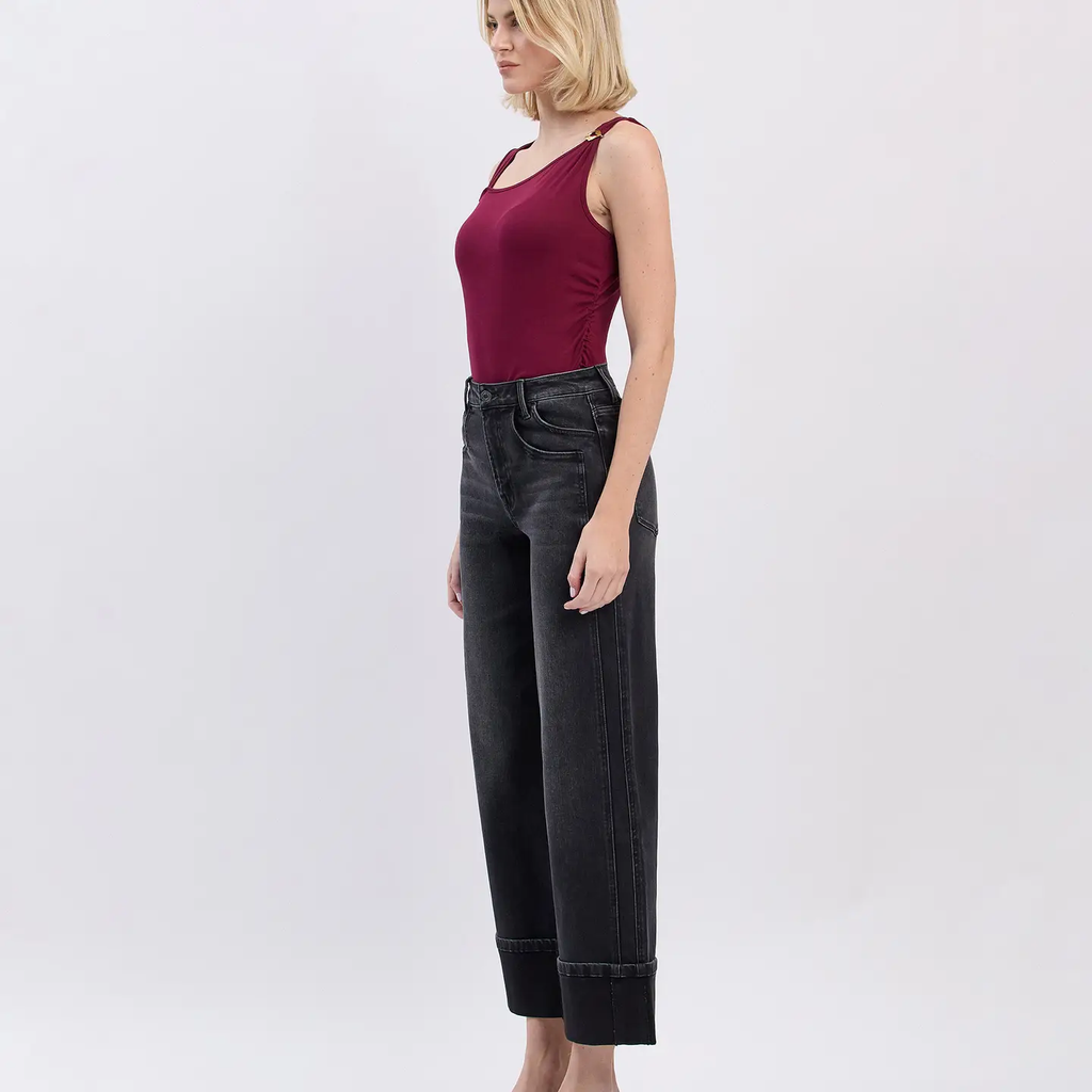 Super High Rise Cuffed Baggy Wide Jeans - Black