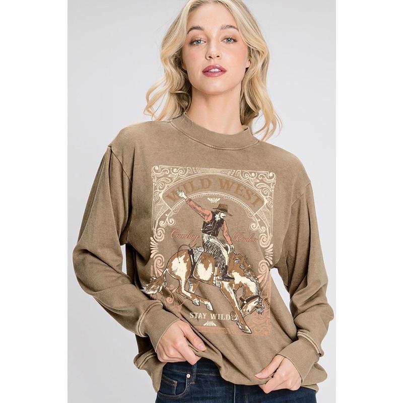 WILD WEST COWBOY RODEO STAY WILD WASHED LONG SLEEVE SWEATSHIRT - MINERAL TAUPE