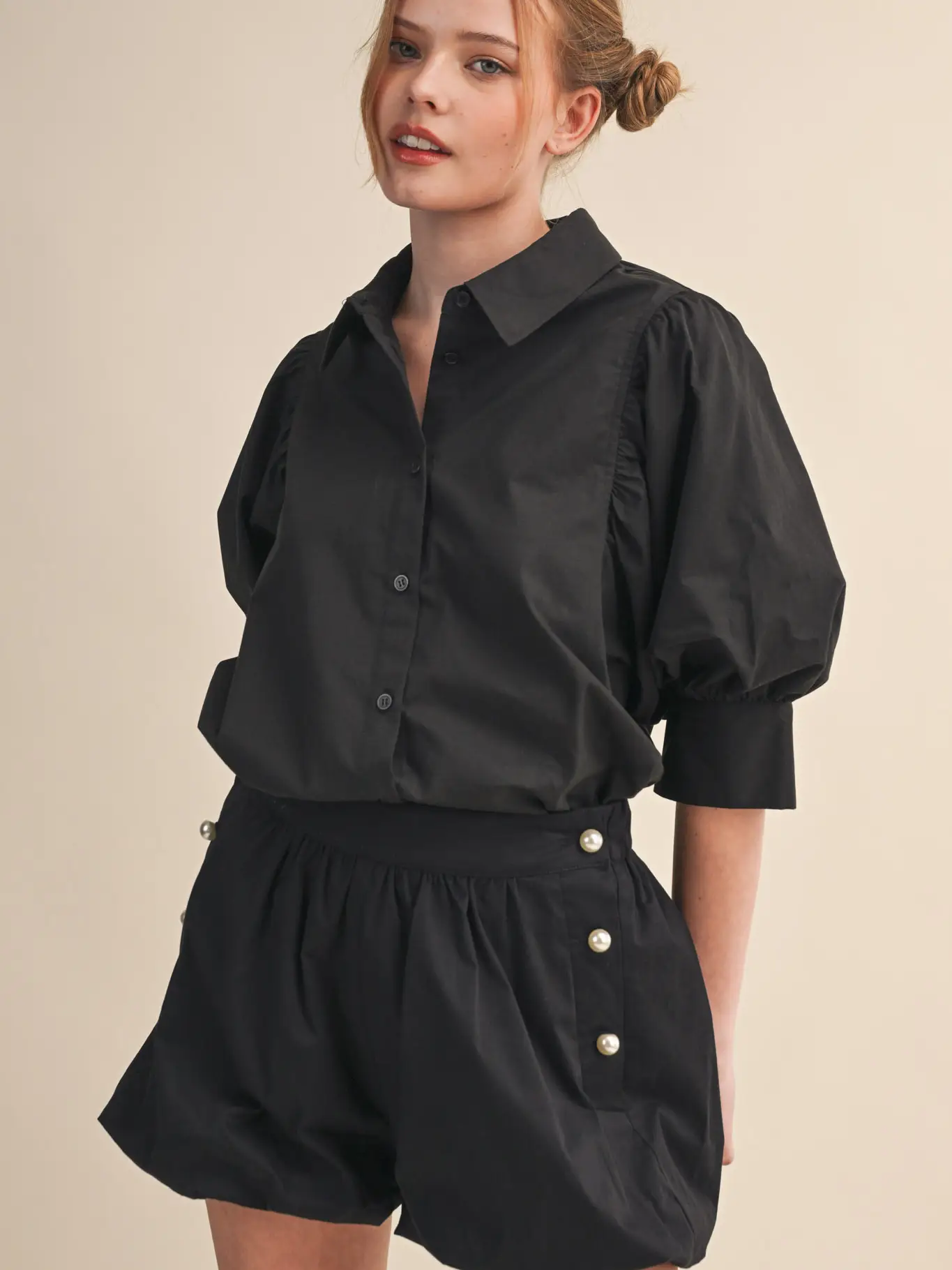 Puff Sleeve Button Down Top - BLACK