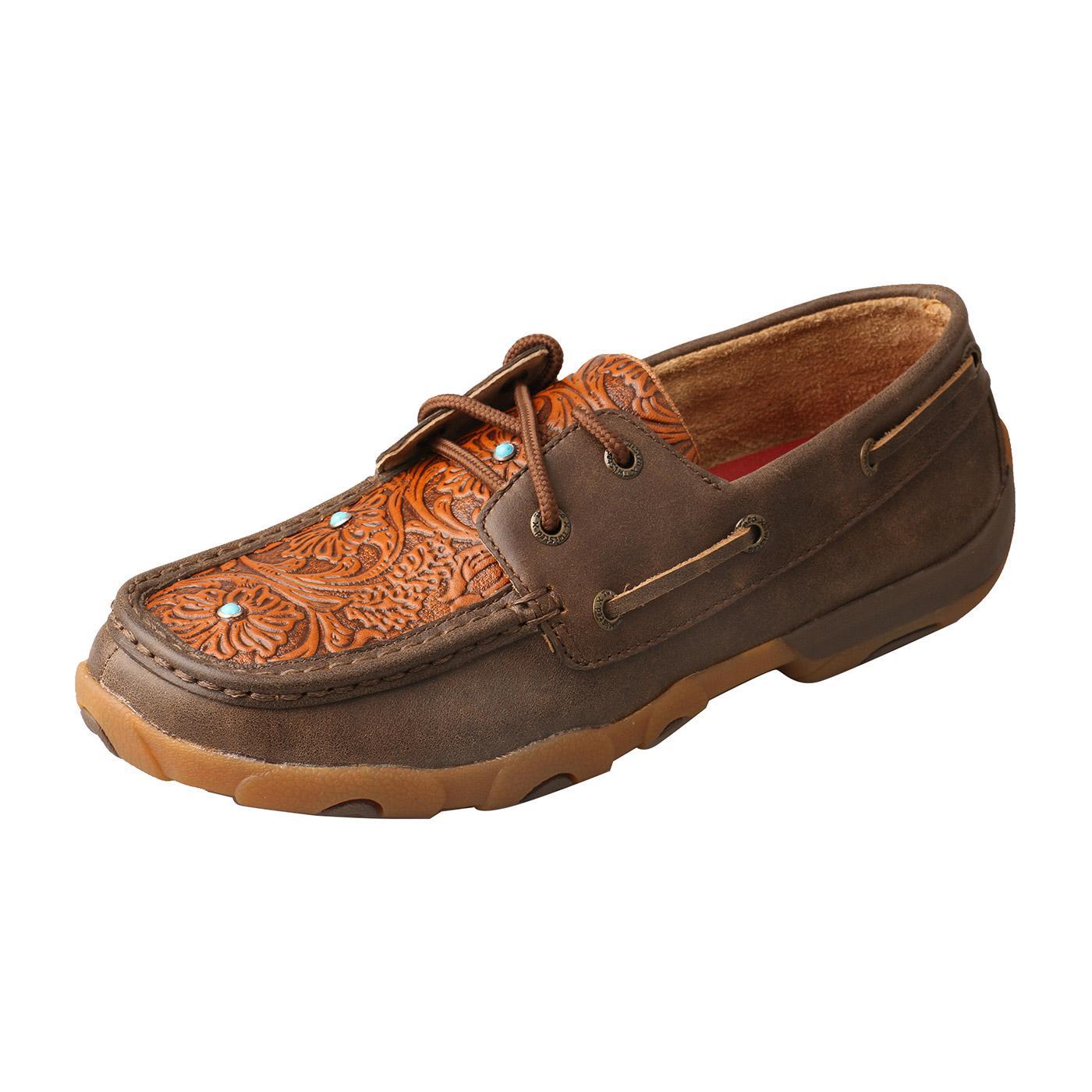 Boat Shoe Driving Moc - Brown & Tooled Flower WDM0092