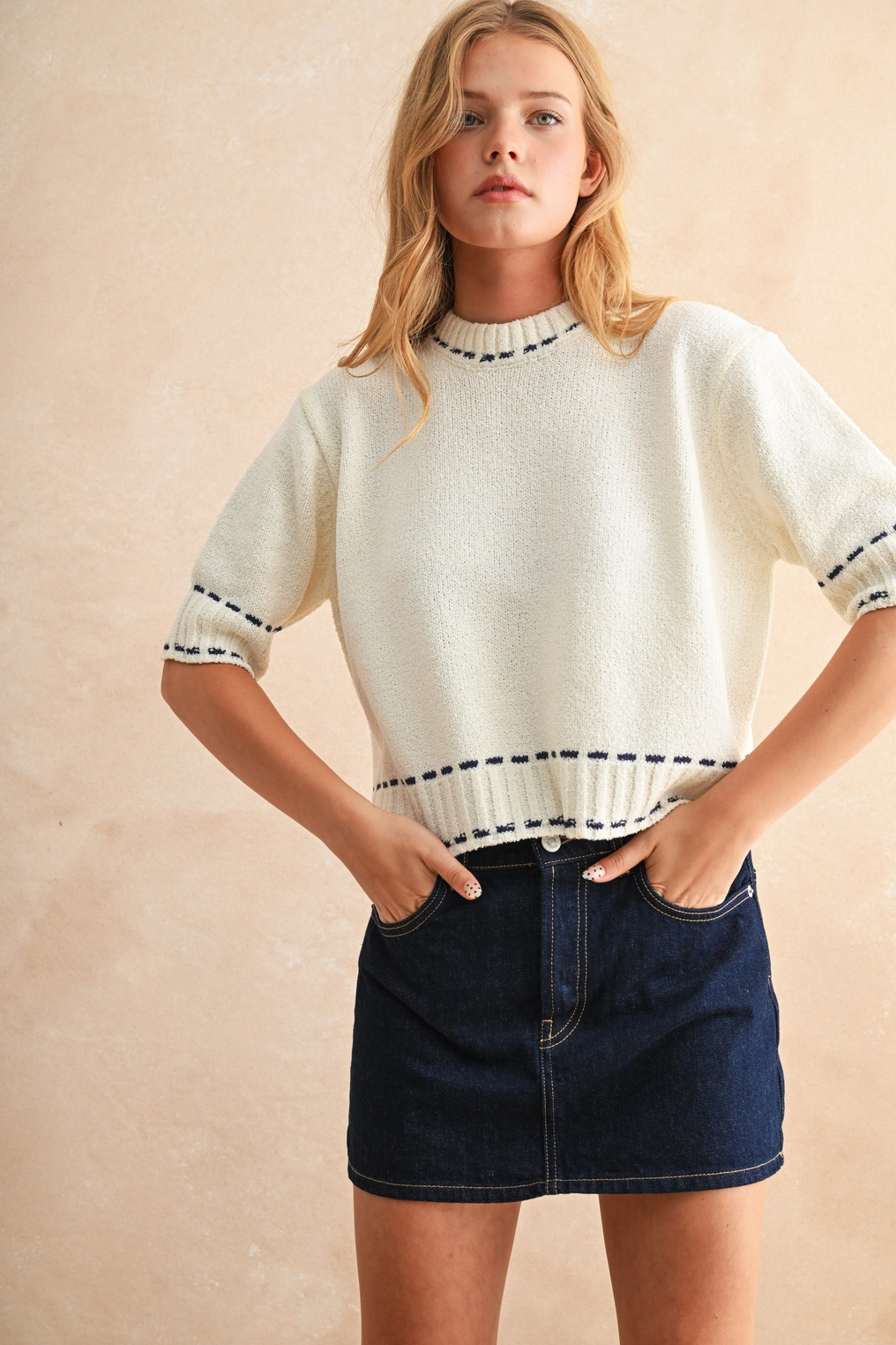 Stitch Effect Detail Short Sleeve Top - Navy