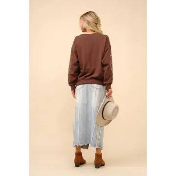 Western Boots Stitch Pullover Sweatshirt - Brown