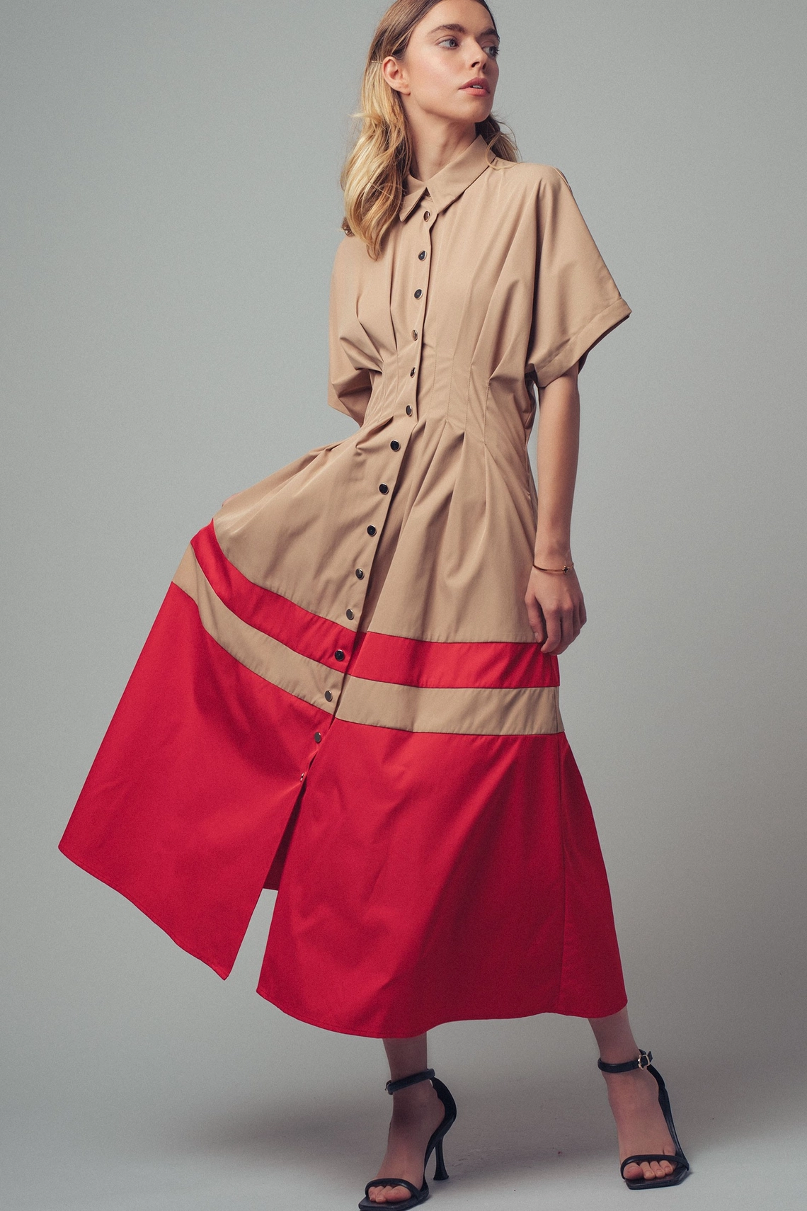 Colorblock Button-Up Cotton Midi Dress - CAMEL