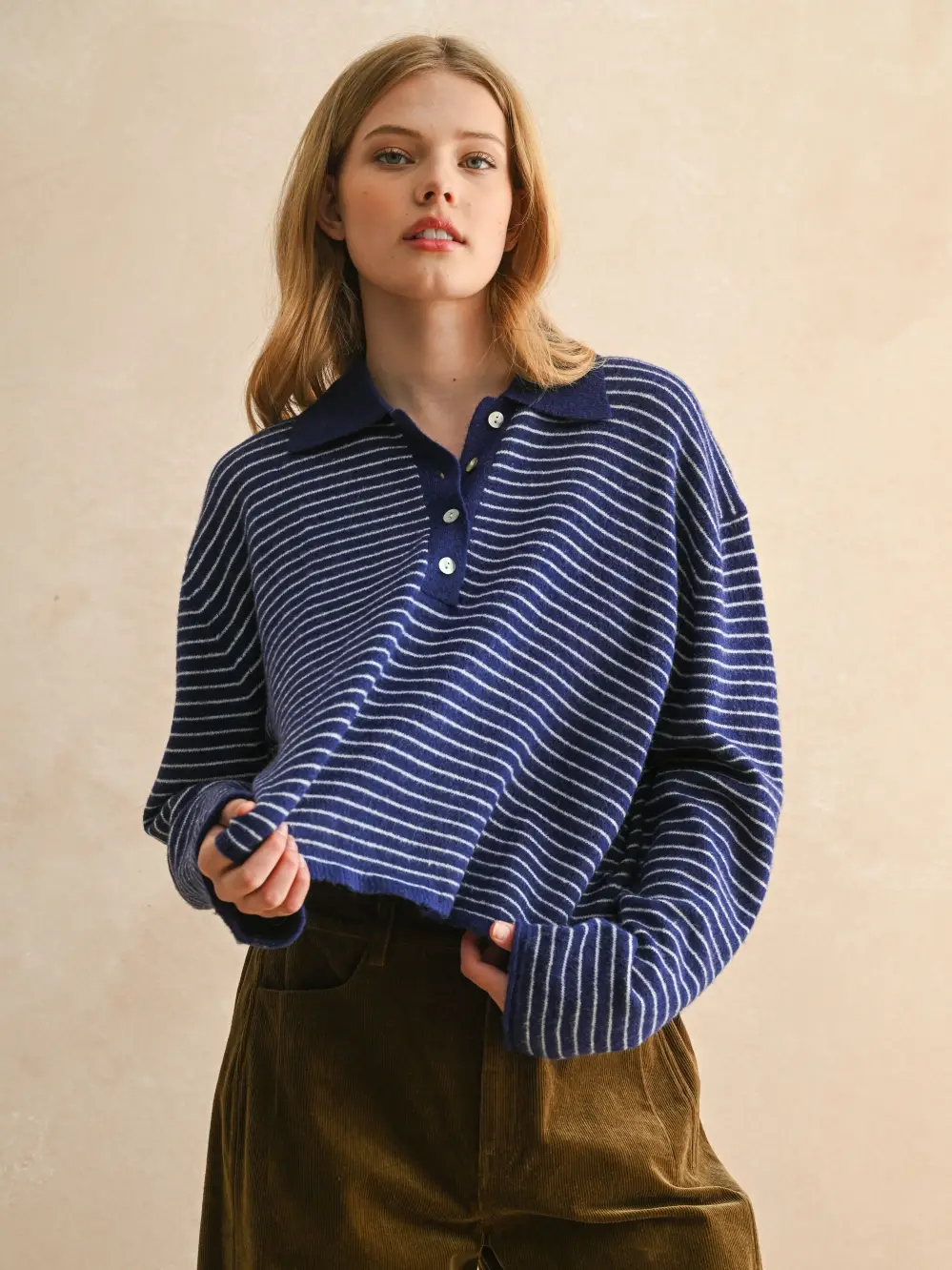 Stripe Long Sleeve with Collar Knitted Top - BROWN/WHITE