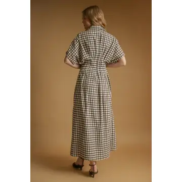 Gingham Pattern Button Down Shirt Dress - Brown/Cream