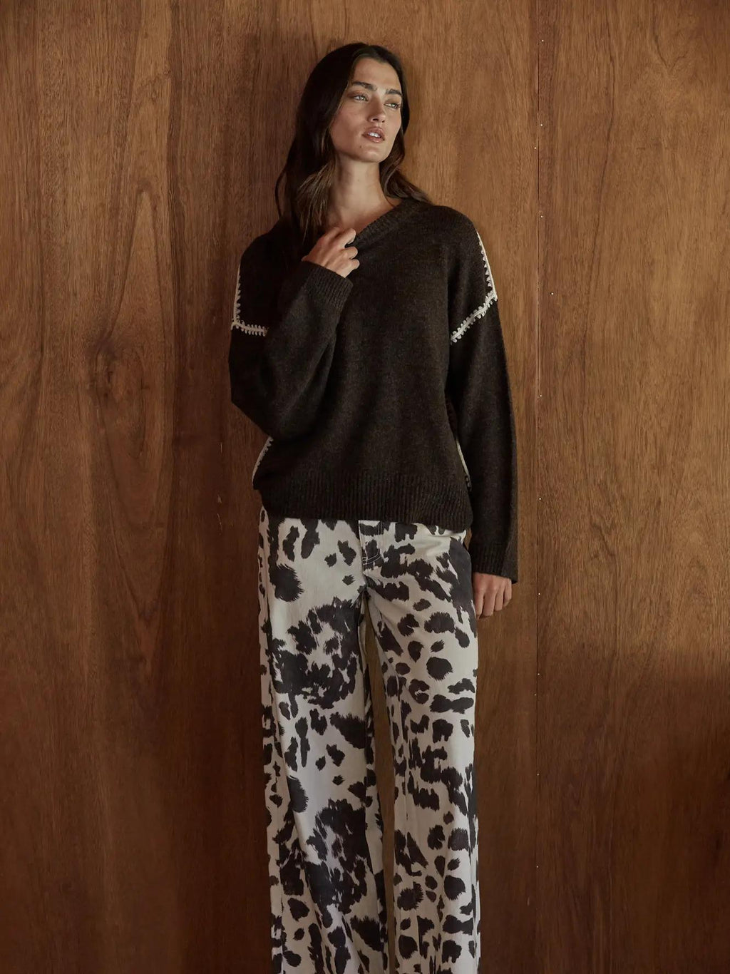 Woven Denim Cotton Animal Print Wide Leg Pants
