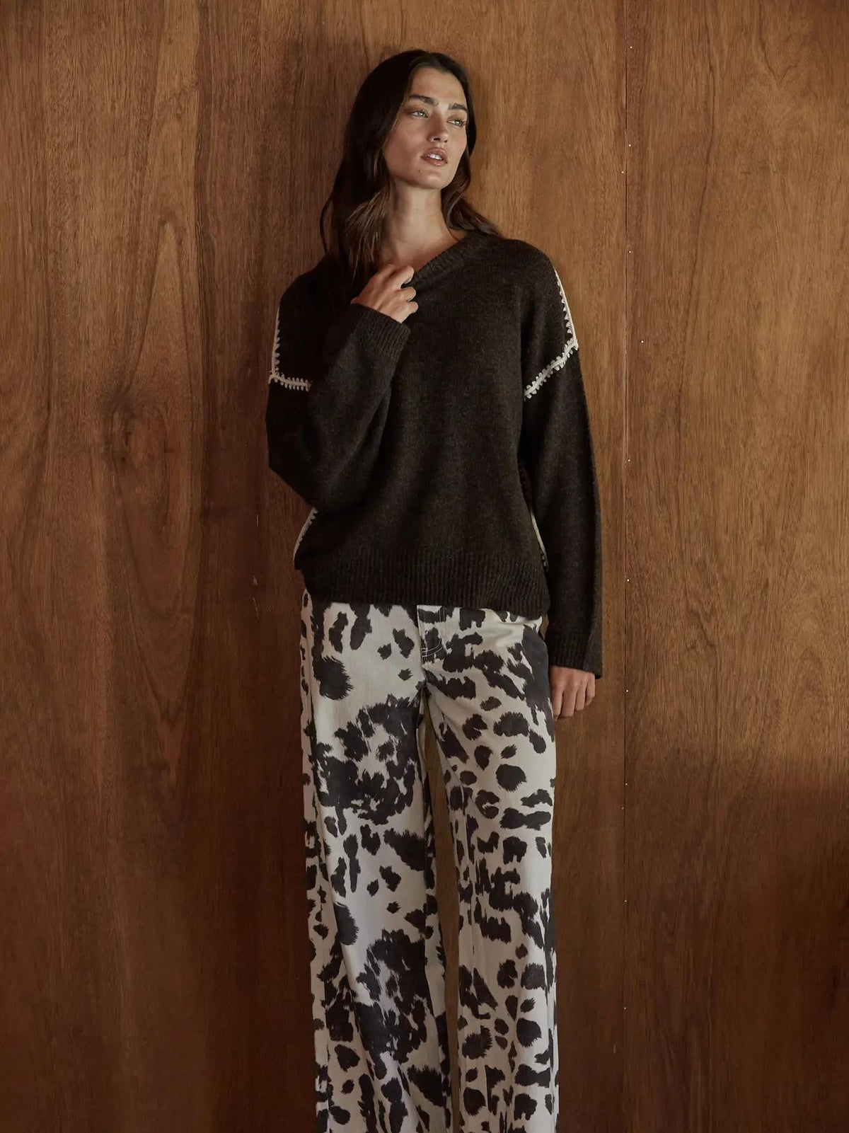 Woven Denim Cotton Animal Print Wide Leg Pants