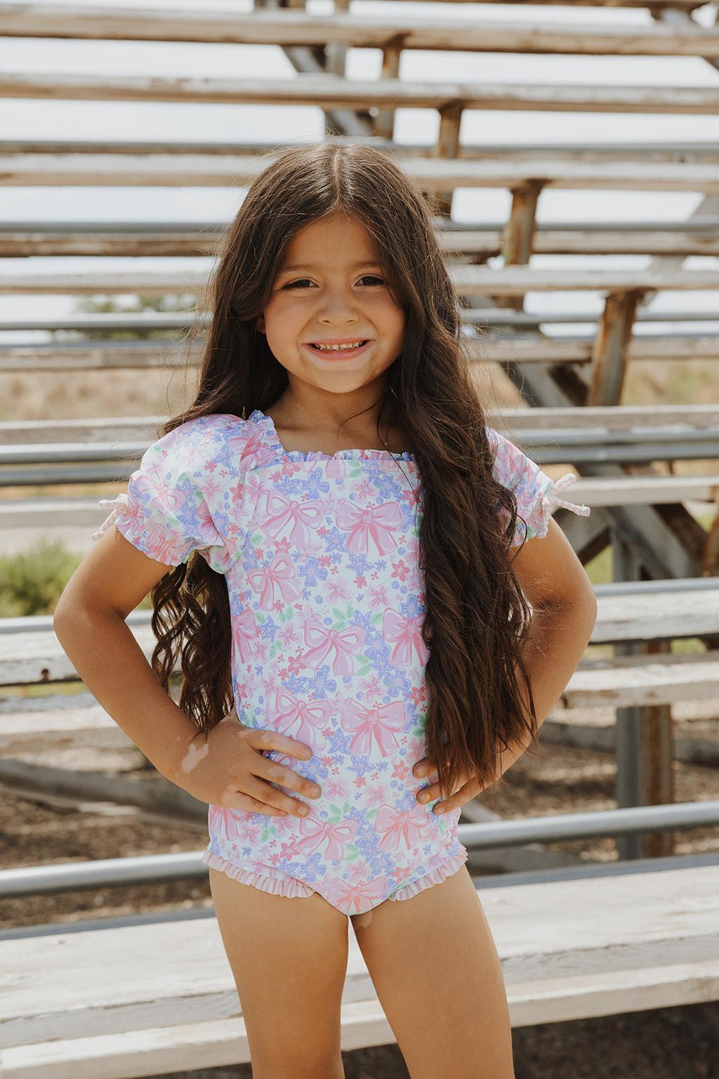 Girls Bow Blooms Puff Sleeve One Piece Swimsuit