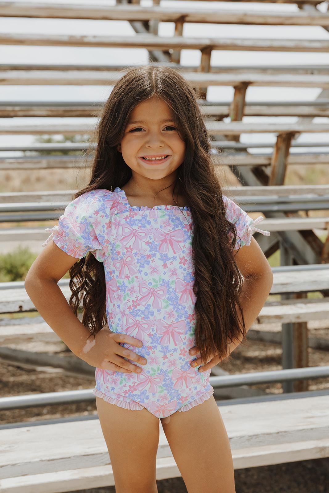 Girls Bow Blooms Puff Sleeve One Piece Swimsuit