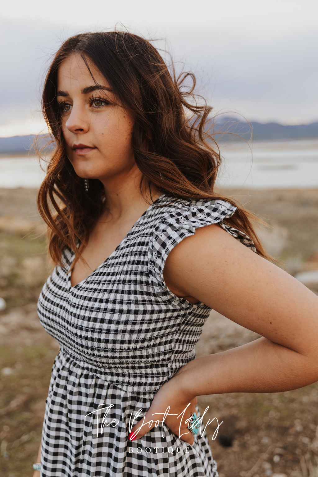 GINGHAM SMOCK DRESS EMBROIDERY - BLACK/WHITE