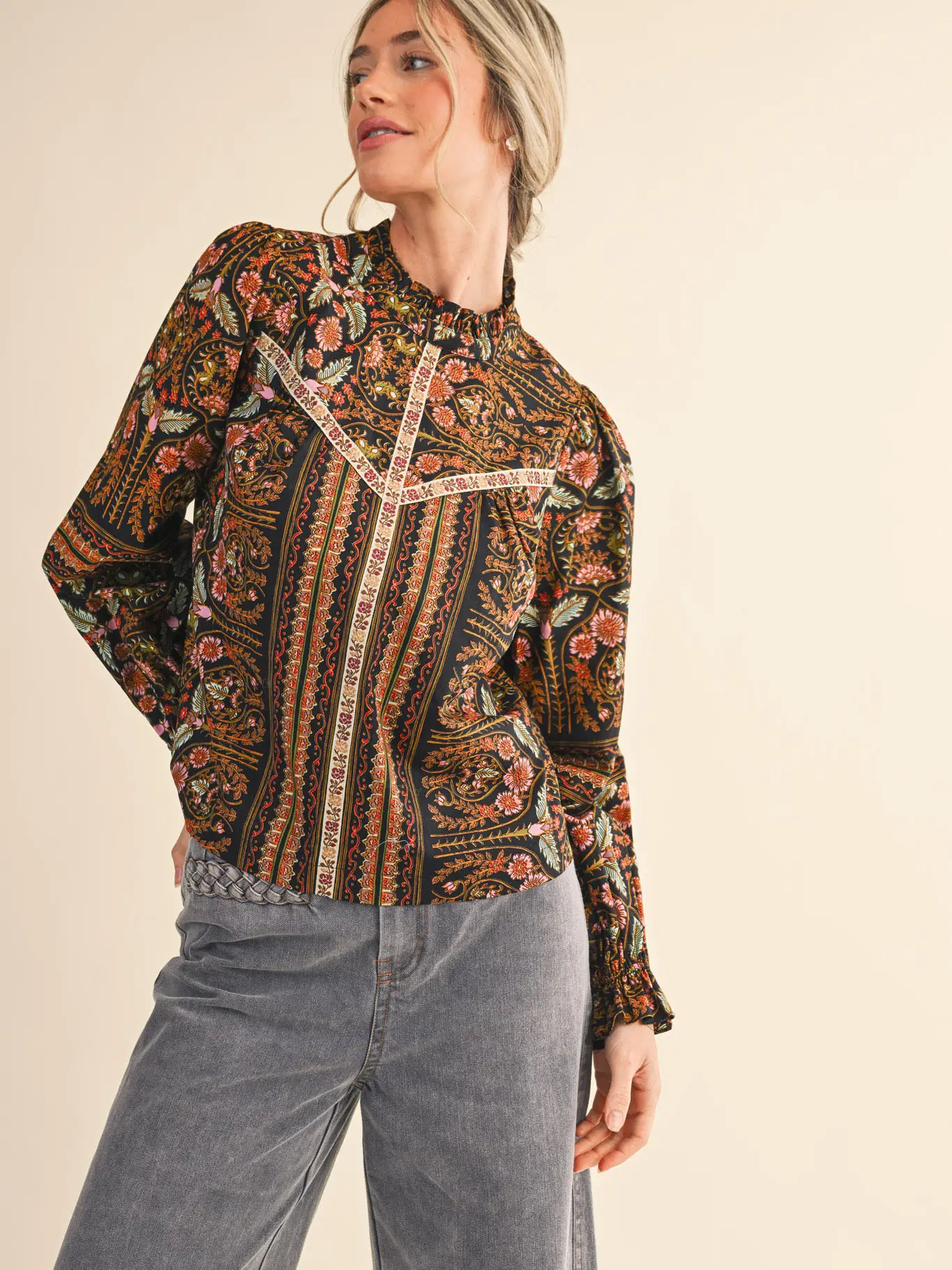 Exclusive Floral Print Top with Floral Trim - BLACK MULTI