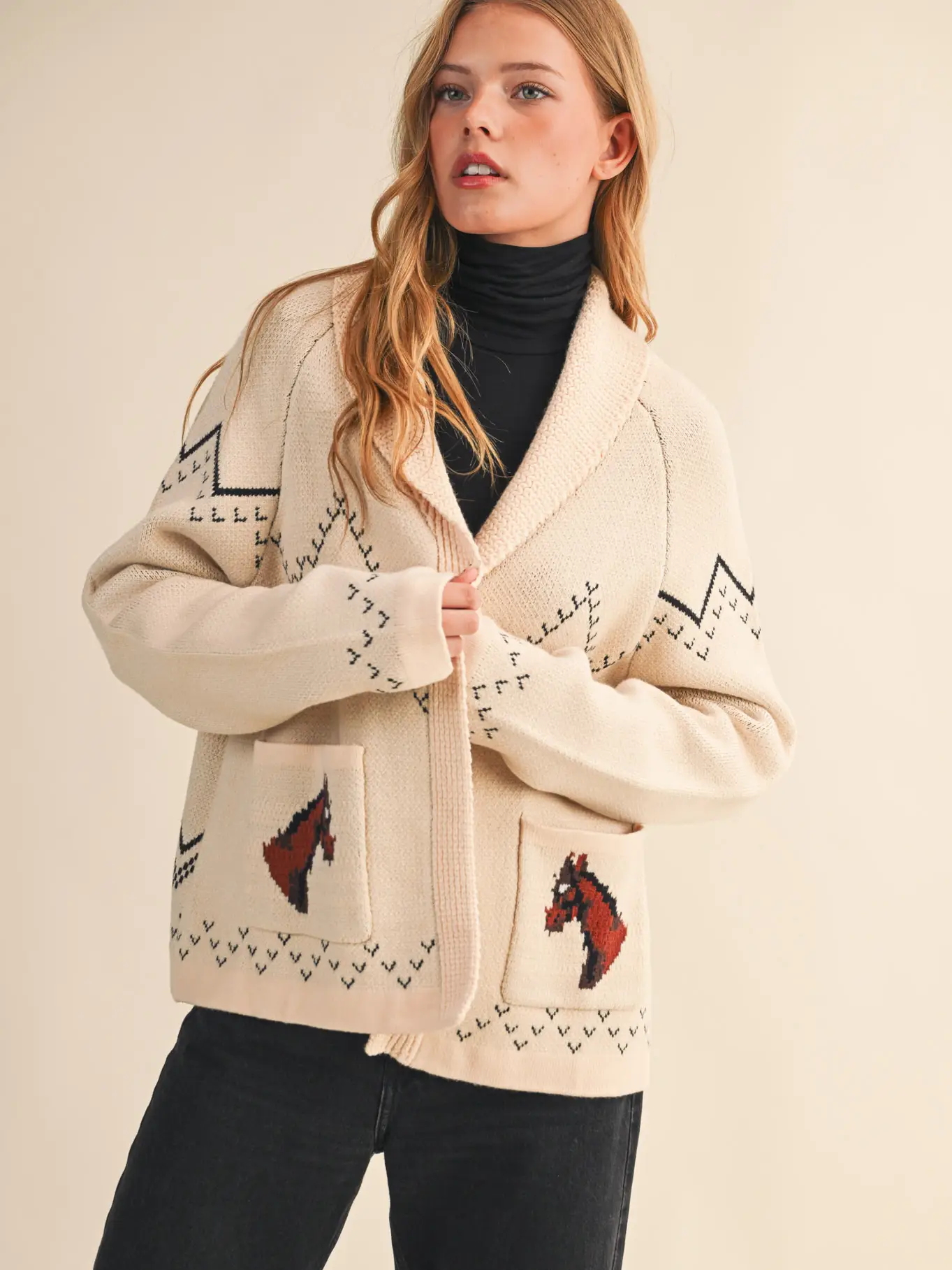 Horse Knit Sweater Cardigan - Beige Taupe