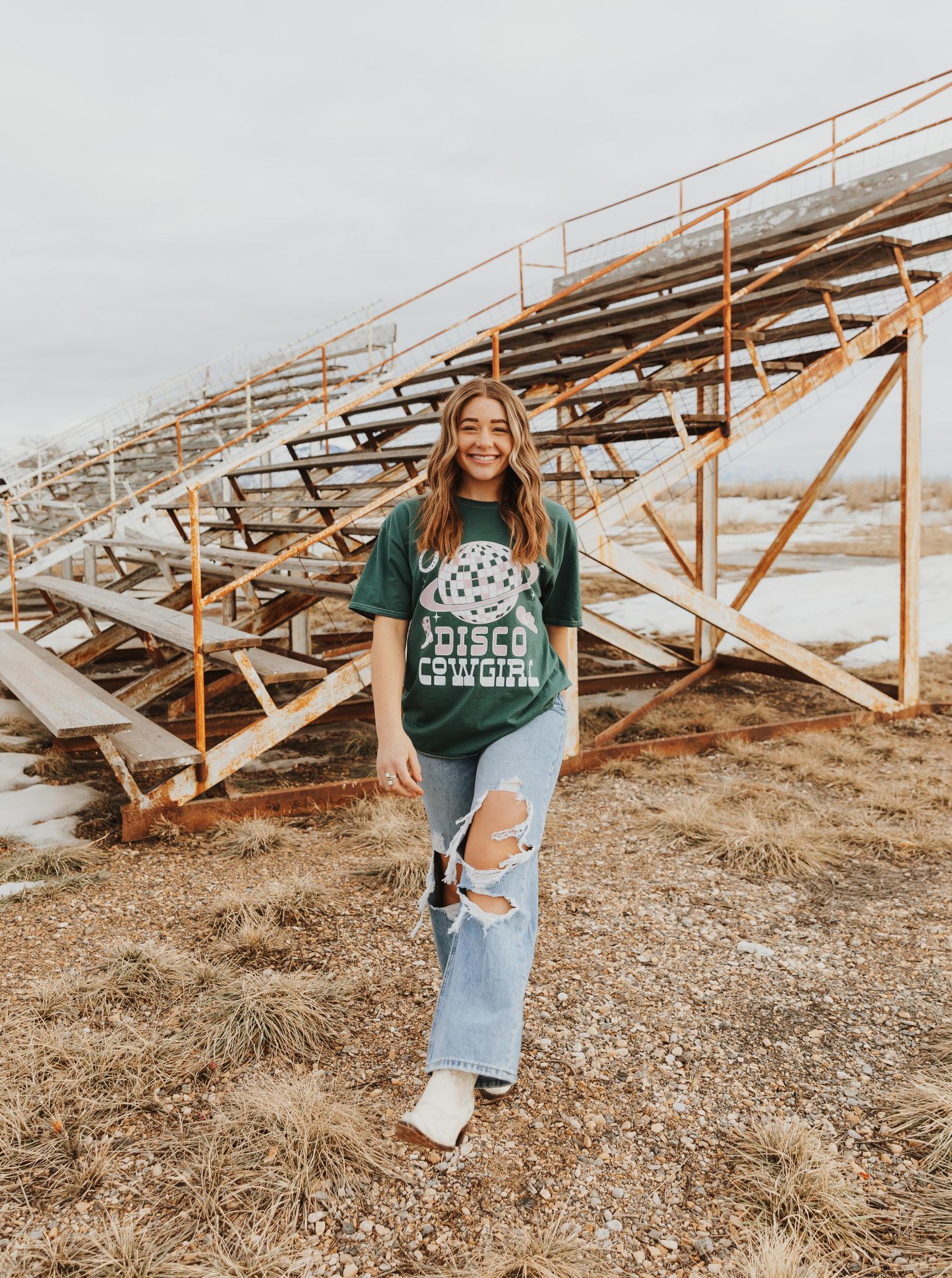 DISCO COWGIRL WASHED GRAPHIC T-SHIRT - FOREST (OVERSIZED)