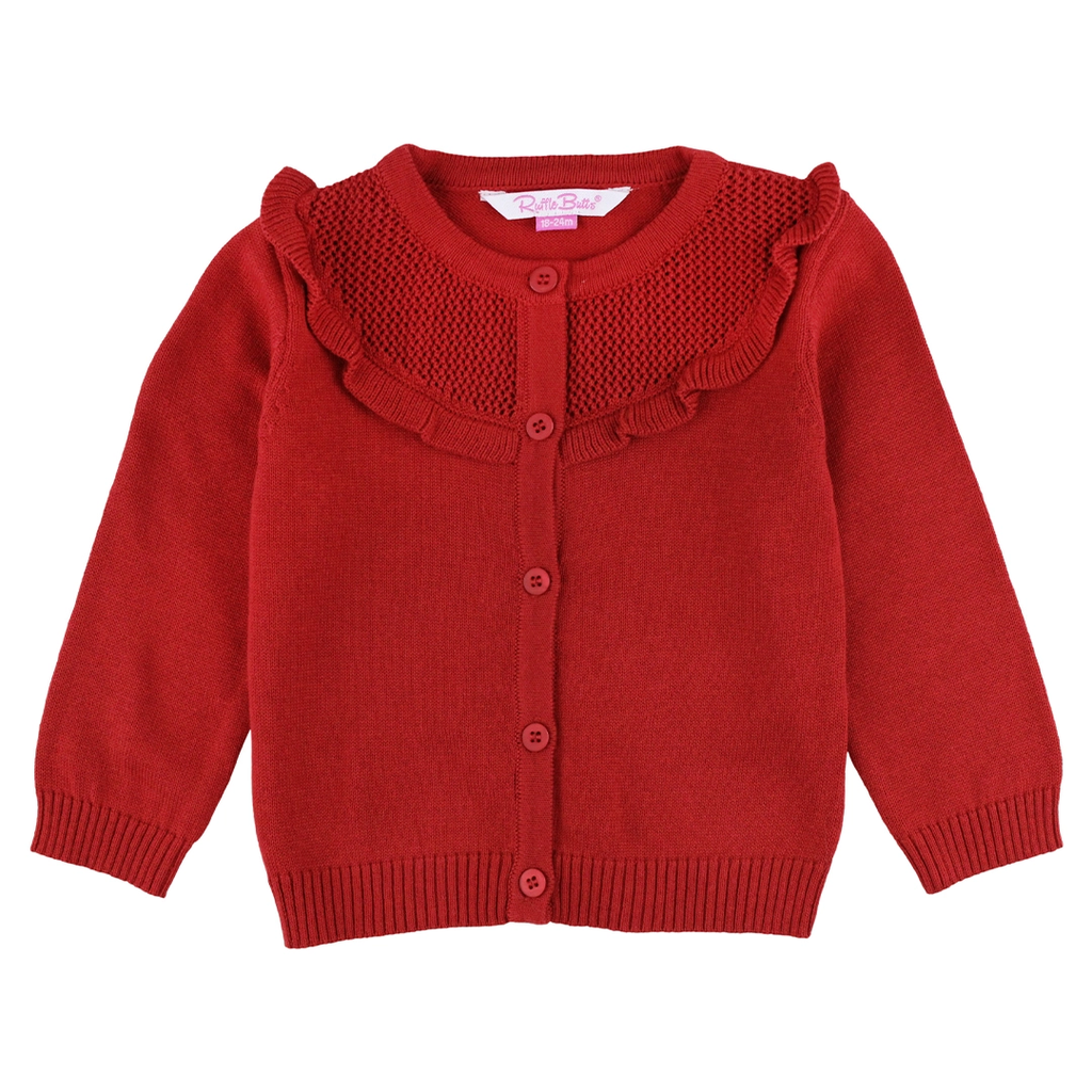 Girls Red Sweater Knit Ruffle Trim Cardigan - Red
