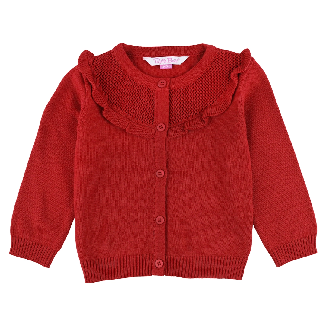 Girls Red Sweater Knit Ruffle Trim Cardigan - Red