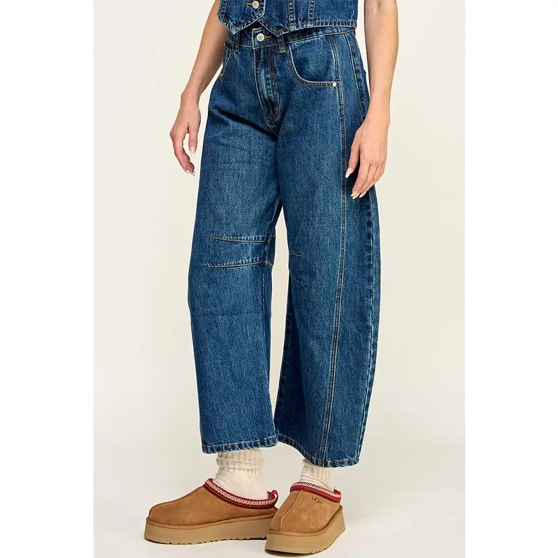 Mid Rise Fancy Dark Wash Barrel Jeans