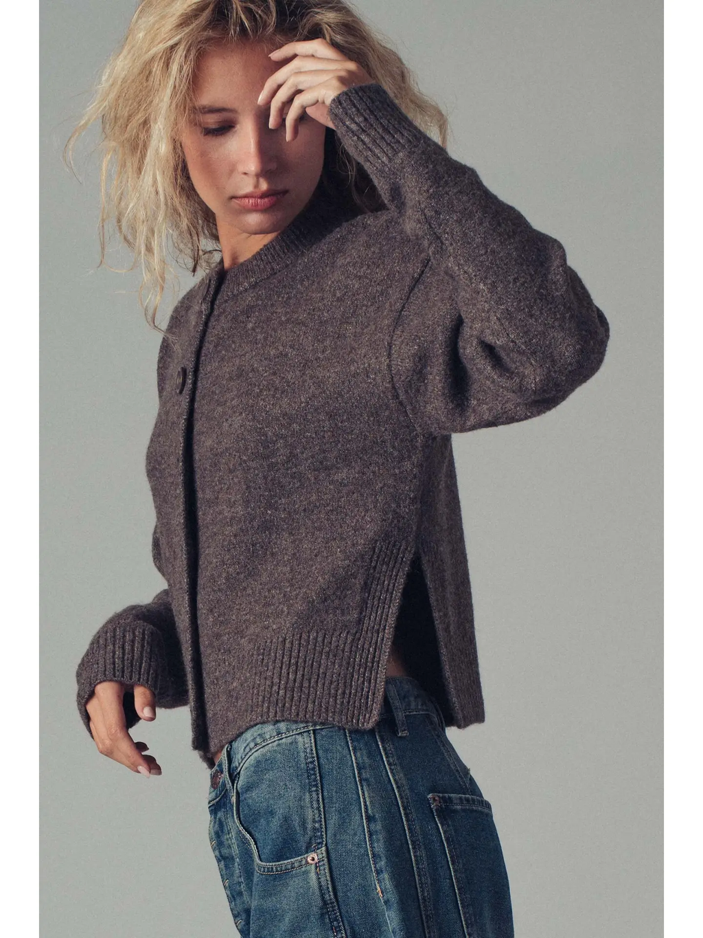 Relaxed Wool Blend Button-Up Cardigan - MOCHA