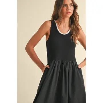 Ribbed Top Woven Skirt Combo Dress - Black