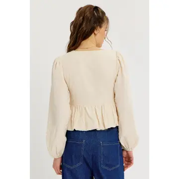 VANILLA Textured Bubble Hem Blouse Top with Bow Front Top