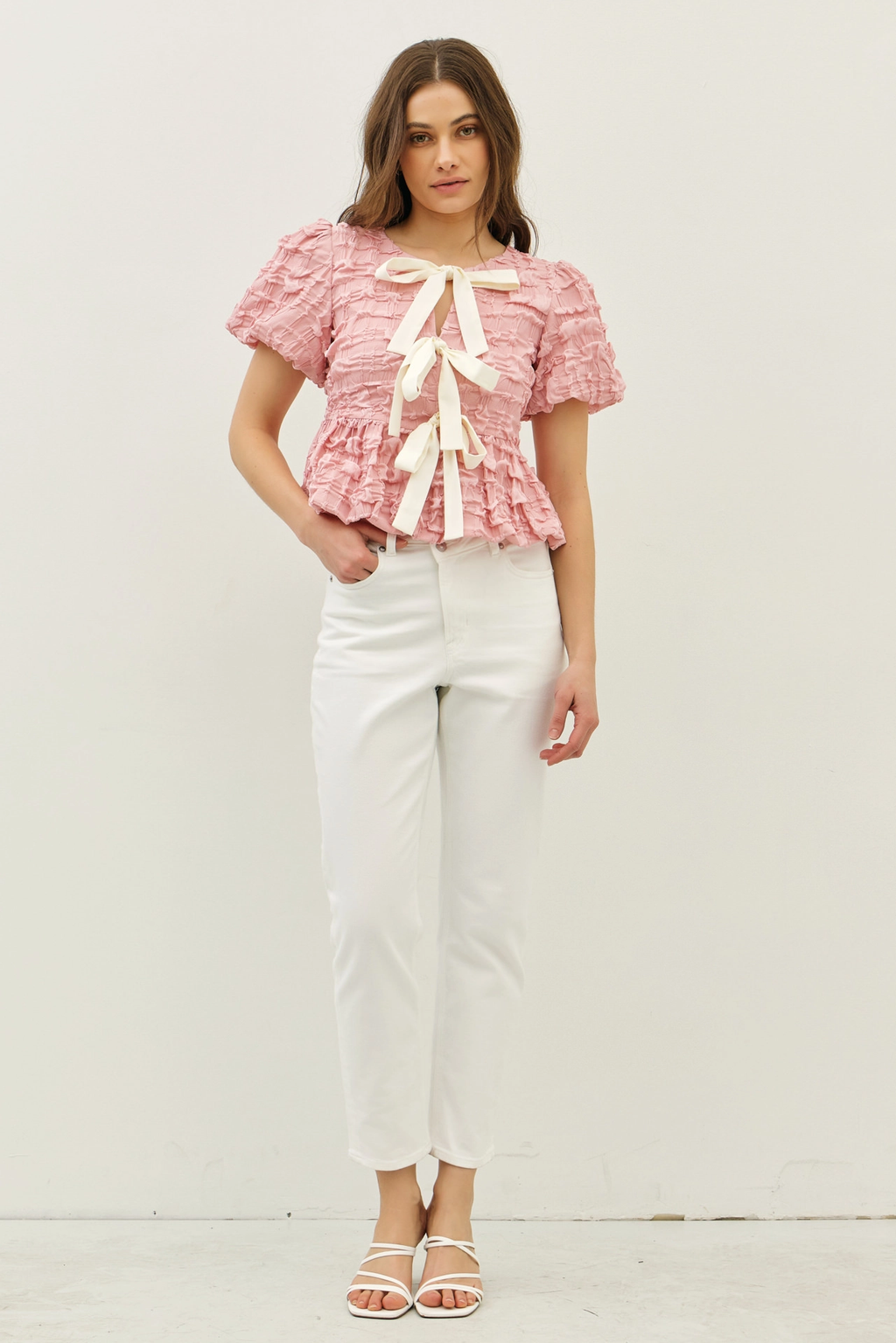 Ballerina Pink - Bubble Babydoll Blouse with Textured Fabric and Contrast Bow