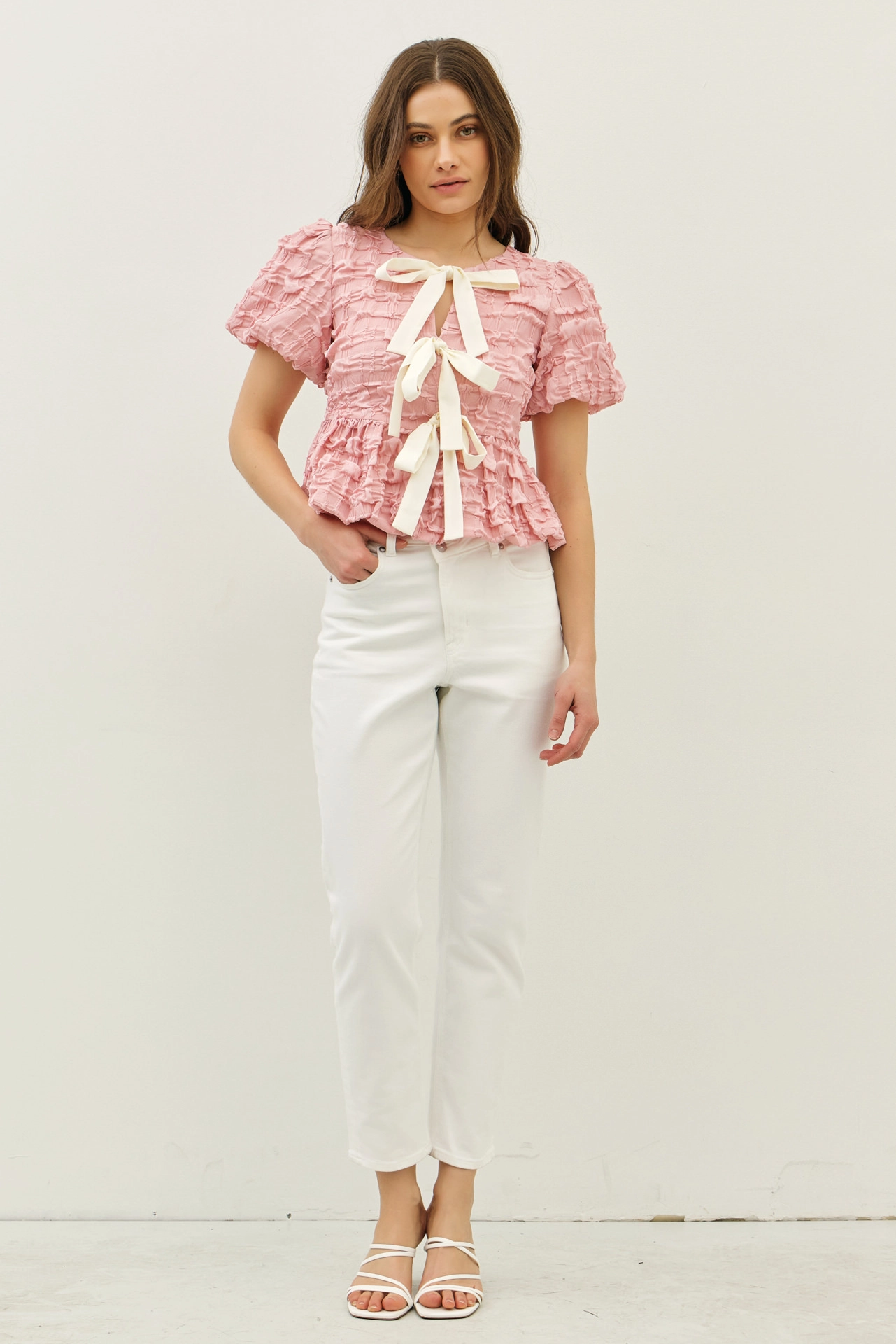 Ballerina Pink - Bubble Babydoll Blouse with Textured Fabric and Contrast Bow