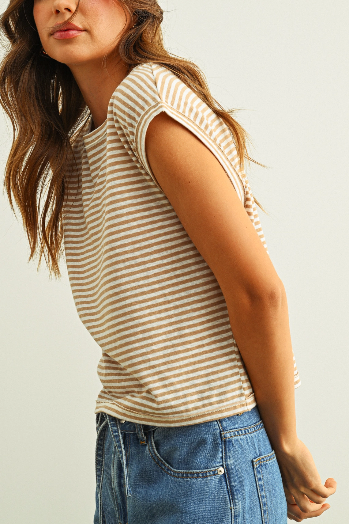 Stripe Pattern Slub Top - White Tan