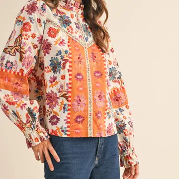 Exclusive Floral Border Print Top with Floral Trim - IVORY MULTI