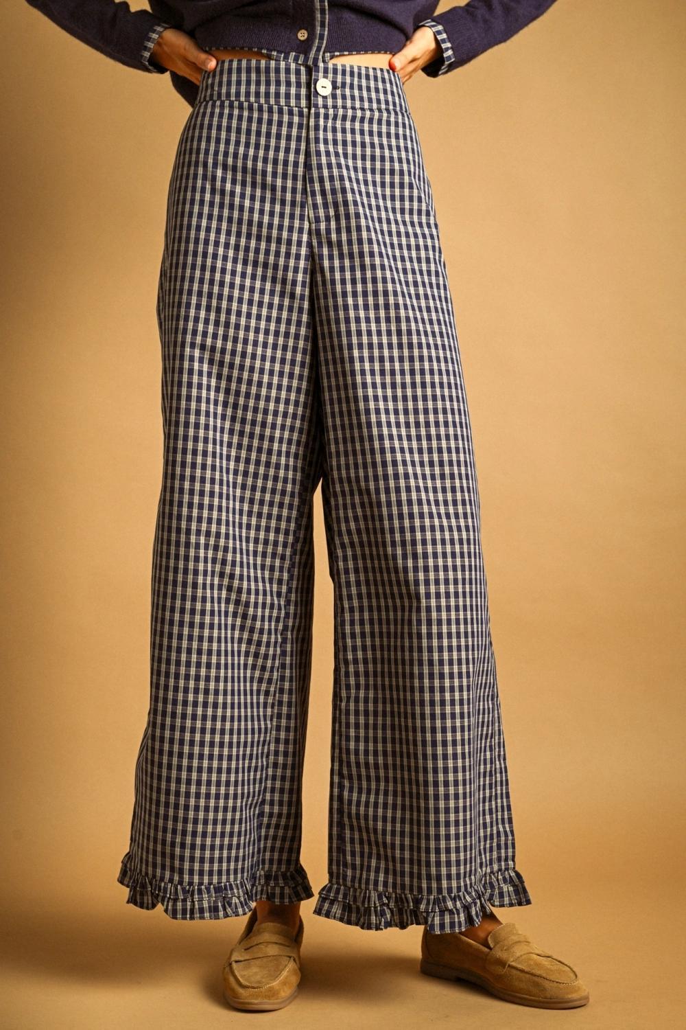 Ruffle Detail with Plaid Fabric Pants - Navy