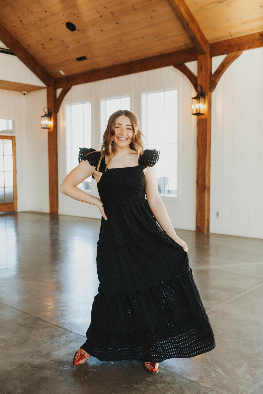 Maxi Smocking Dress in Sheer Gingham - Black