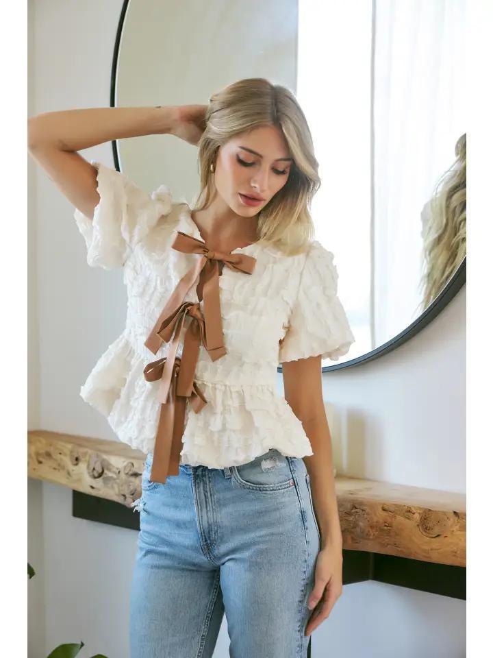Bubble Babydoll Blouse with Textured Fabric and Contrast Bow - Vanilla