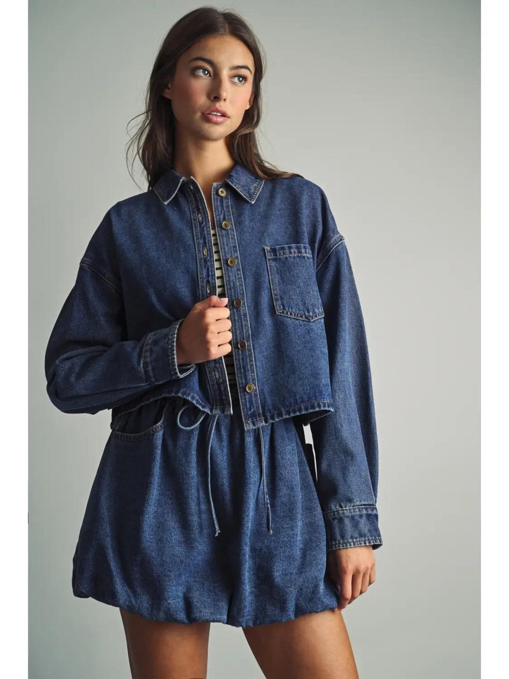 Indigo Denim Button Front Crop Shirts