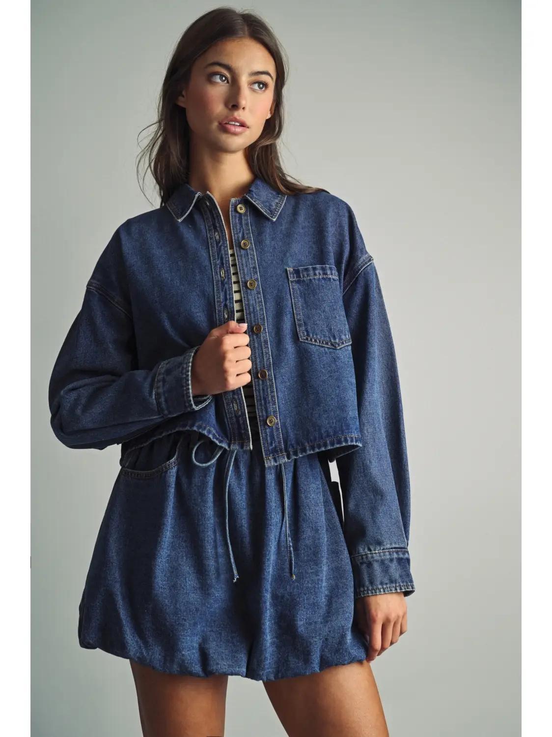Indigo Denim Button Front Crop Shirts