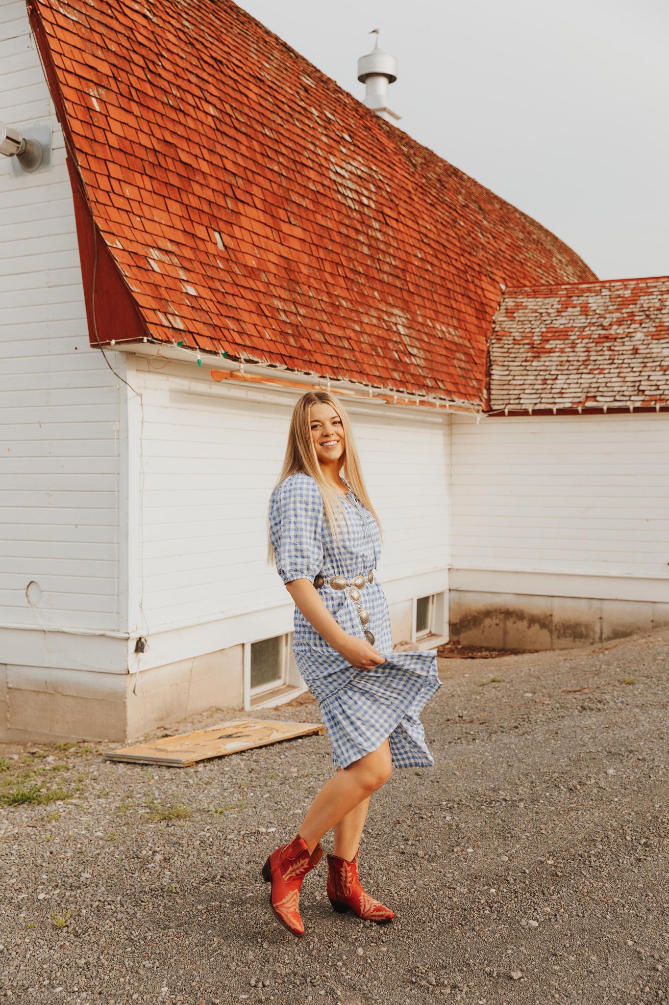TEXTURED GINGHAM PUFF SLEEVE TIERED DRESS
