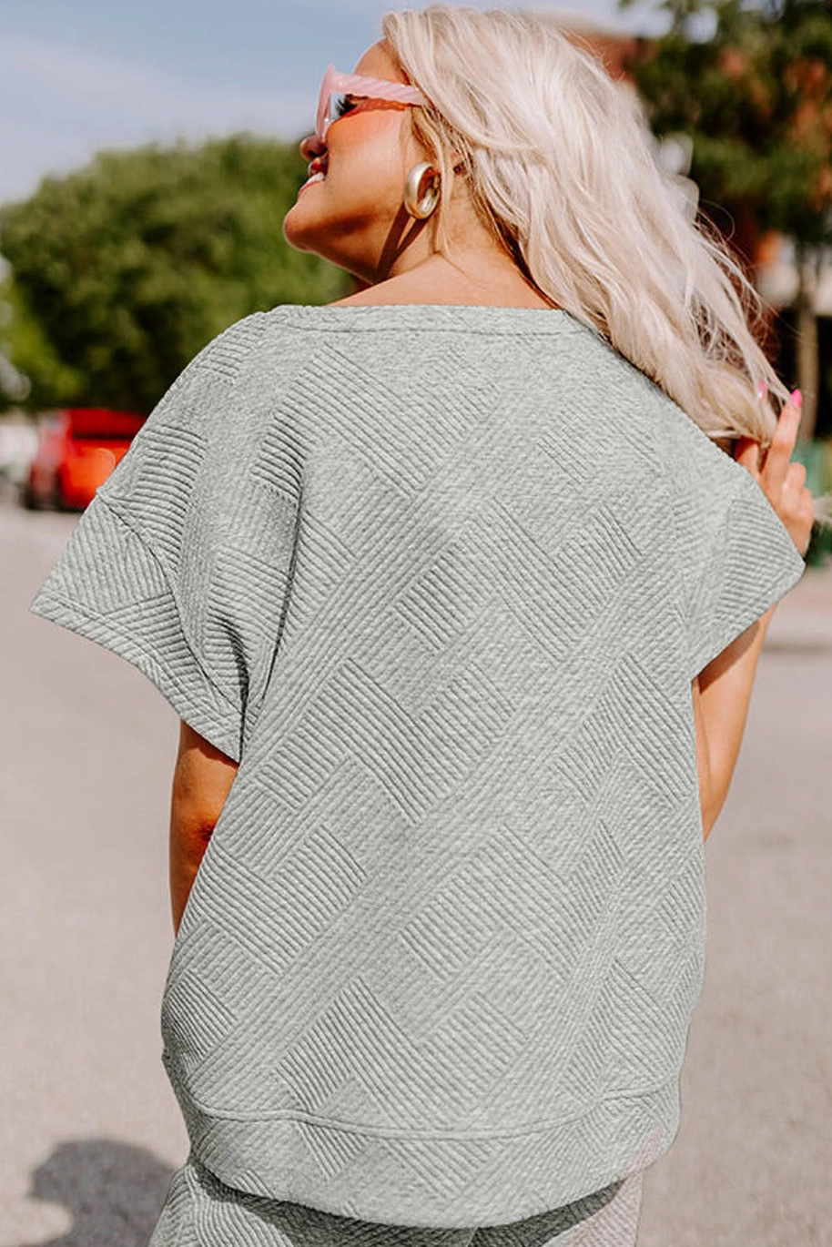 Gray Textured Loose Fit T Shirt and Drawstring Pants Set - Grey