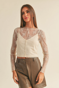 Long Sleeve Lace Fabric with Lining Insert Top - Cream