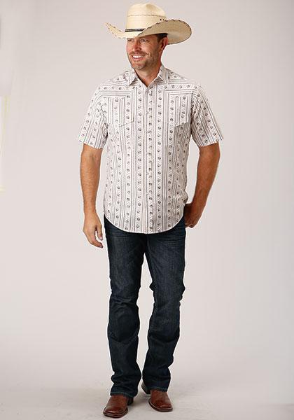 MENS S/S SHIRT SNAP PRINT 1501 BROWN & BLUE WALLPAPER STRIPE 01-002-0019-3058